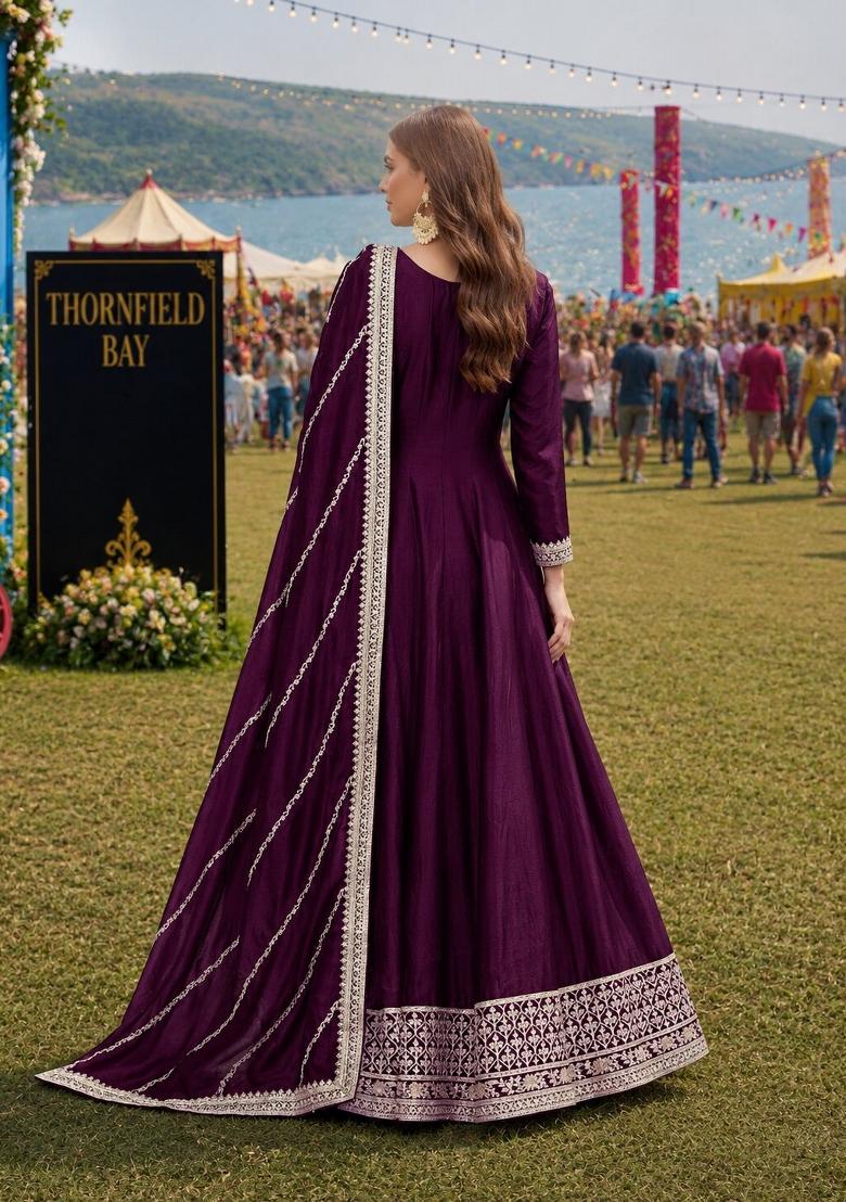 Wine Embroidery Silk Anarkali Set - Indya