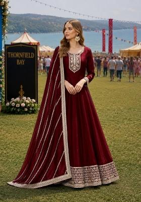 Maroon Embroidery Silk Anarkali Set