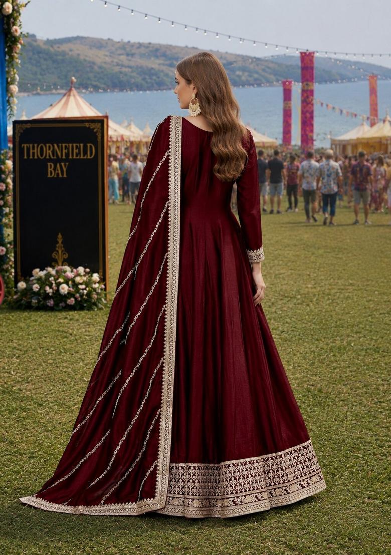 Maroon Embroidery Silk Anarkali Set - Indya