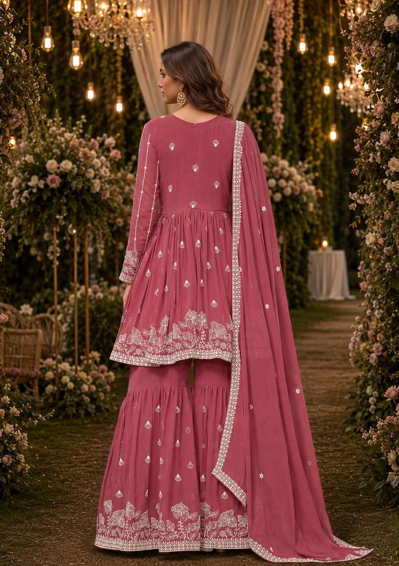 Brown Embroidery Georgette Sharara Set - Indya