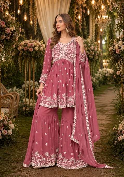 Brown Embroidery Georgette Sharara Set