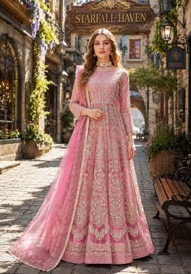 Pink Embroidery Net Anarkali Set