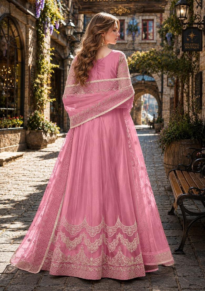 Pink Embroidery Net Anarkali Set - Indya