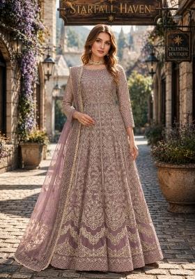 Light Brown Embroidery Net Anarkali Set
