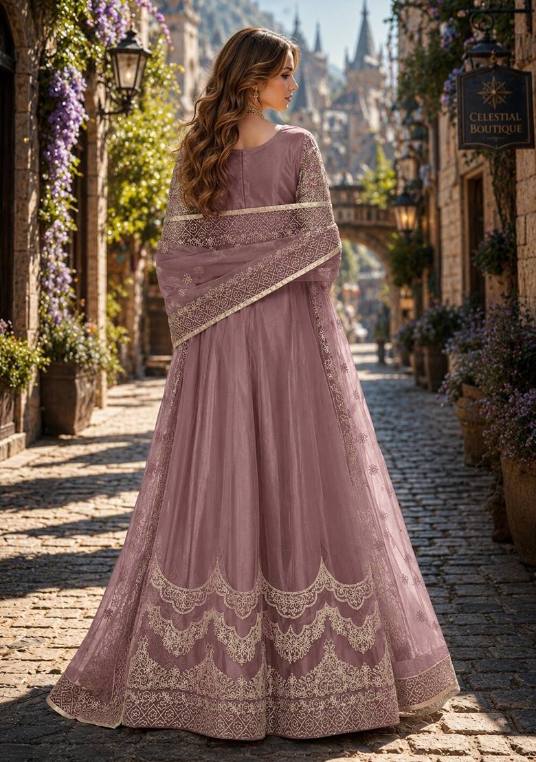 Light Brown Embroidery Net Anarkali Set - Indya