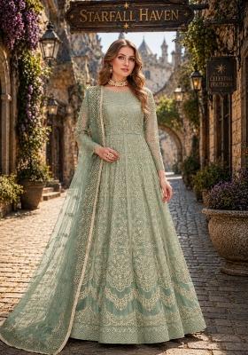 Light Green Embroidery Net Anarkali Set