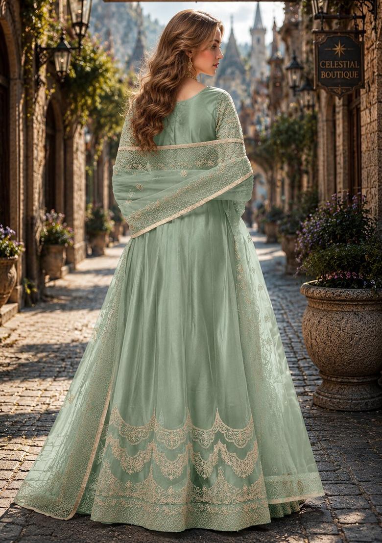 Light Green Embroidery Net Anarkali Set - Indya