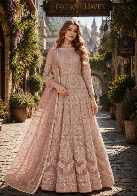 Peach Embroidery Net Anarkali Set