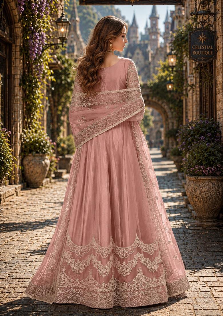 Peach Embroidery Net Anarkali Set - Indya