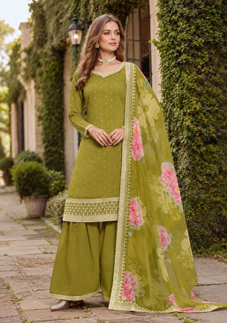 Green Embroidery Silk Palazzo Set - Indya