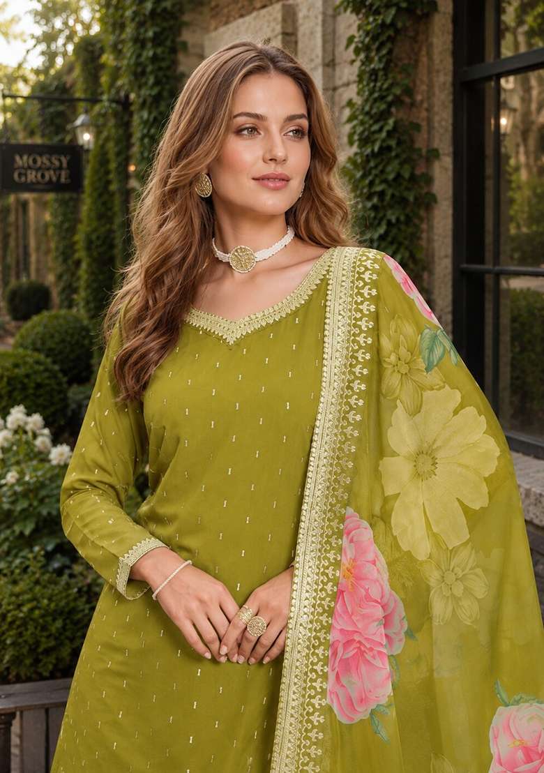 Green Embroidery Silk Palazzo Set - Indya