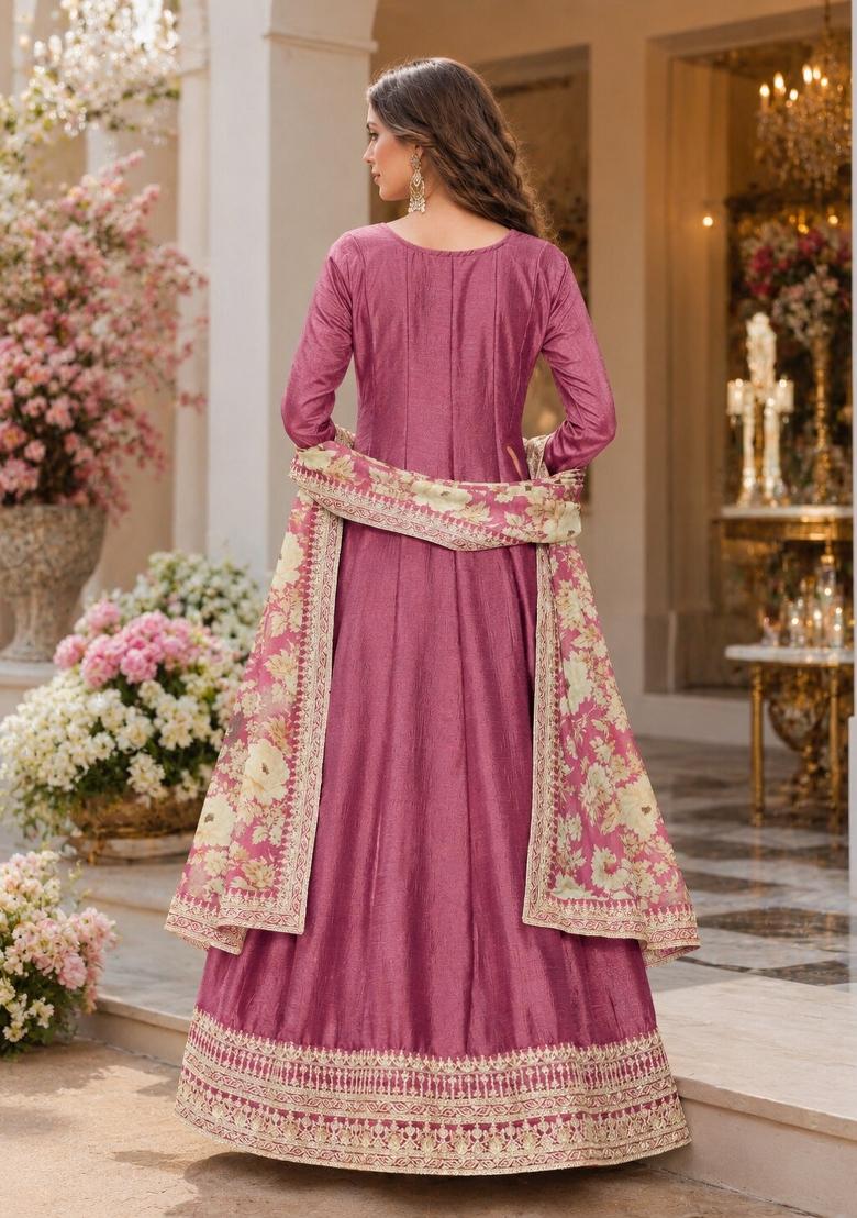 Pink Embroidery Silk Anarkali Set - Indya
