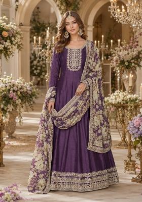 Purple Embroidery Silk Anarkali Set