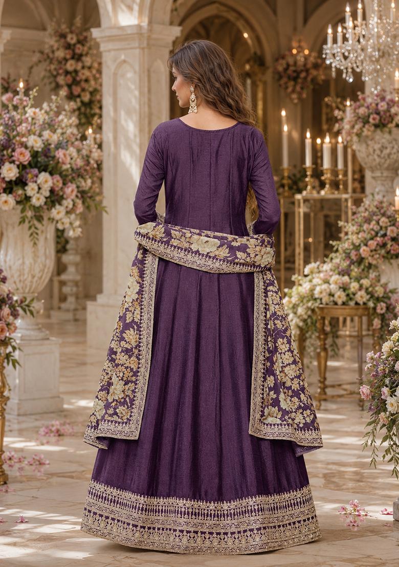 Purple Embroidery Silk Anarkali Set - Indya