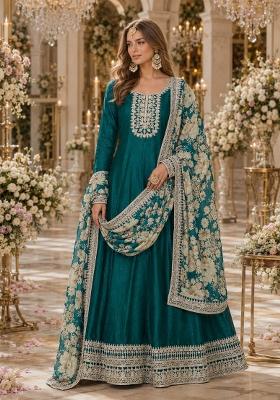 Teal Green Embroidery Silk Anarkali Set