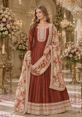 Coffee Embroidery Silk Anarkali Set