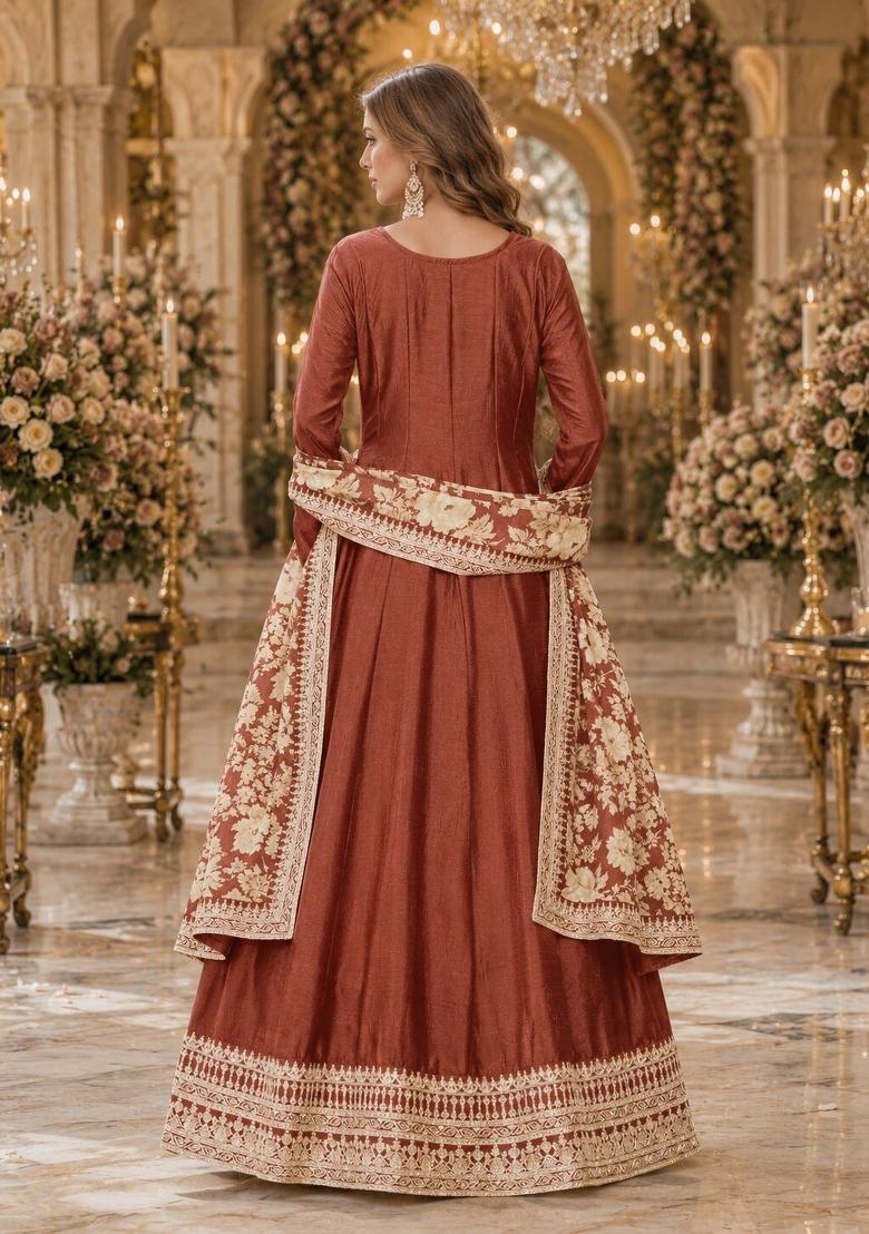 Coffee Embroidery Silk Anarkali Set - Indya