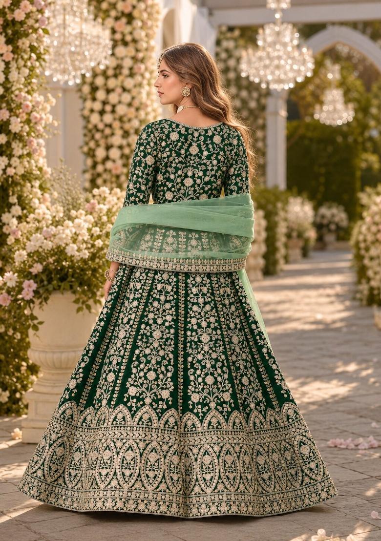 Dark Green Embroidery Velvet Anarkali Set - Indya