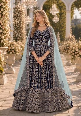 Navy Blue Embroidery Velvet Anarkali Set