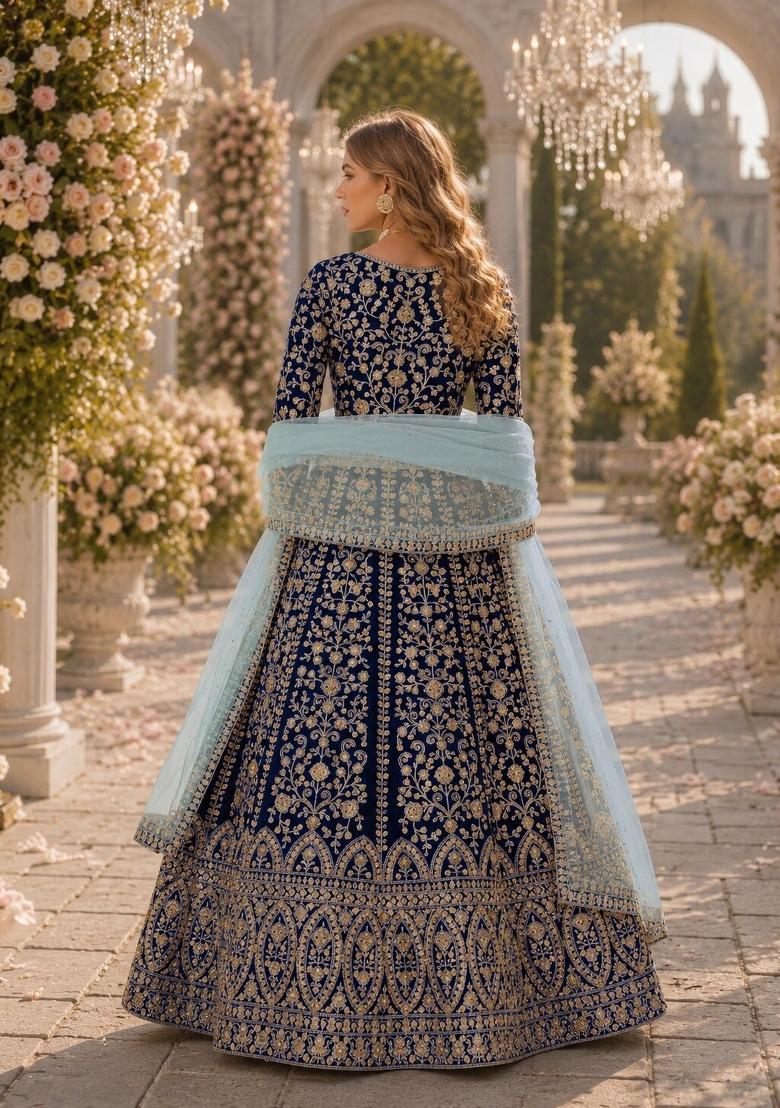 Navy Blue Embroidery Velvet Anarkali Set - Indya