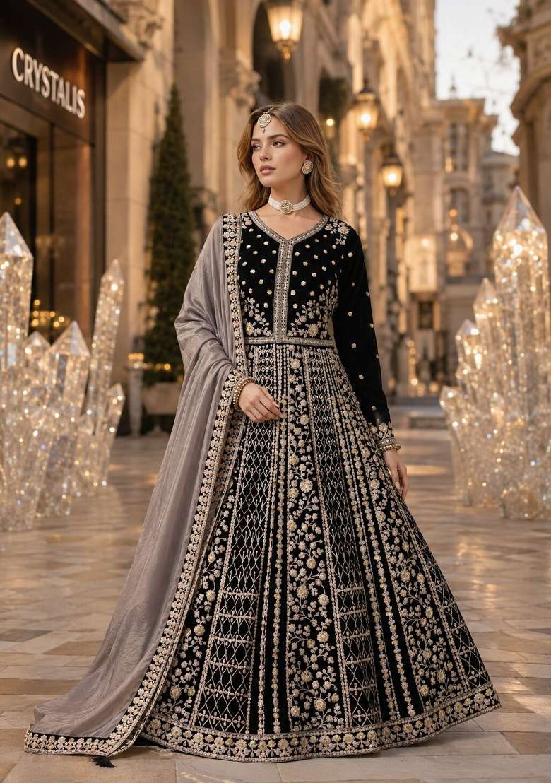 Black Embroidery Velvet Anarkali Set - Indya