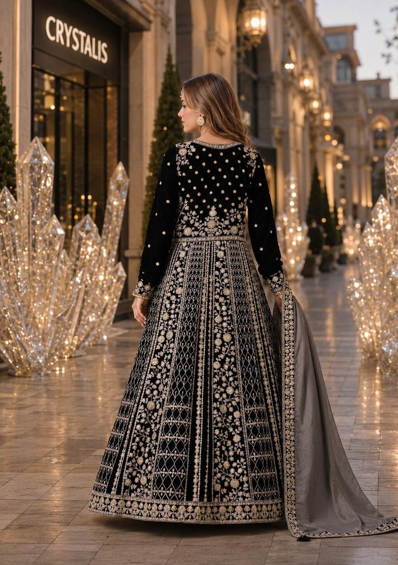 Black Embroidery Velvet Anarkali Set - Indya
