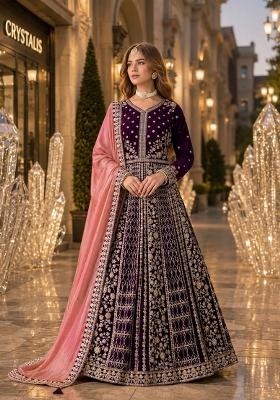 Purple Embroidery Velvet Anarkali Set