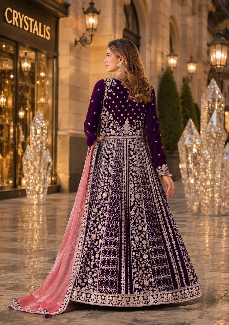 Purple Embroidery Velvet Anarkali Set - Indya