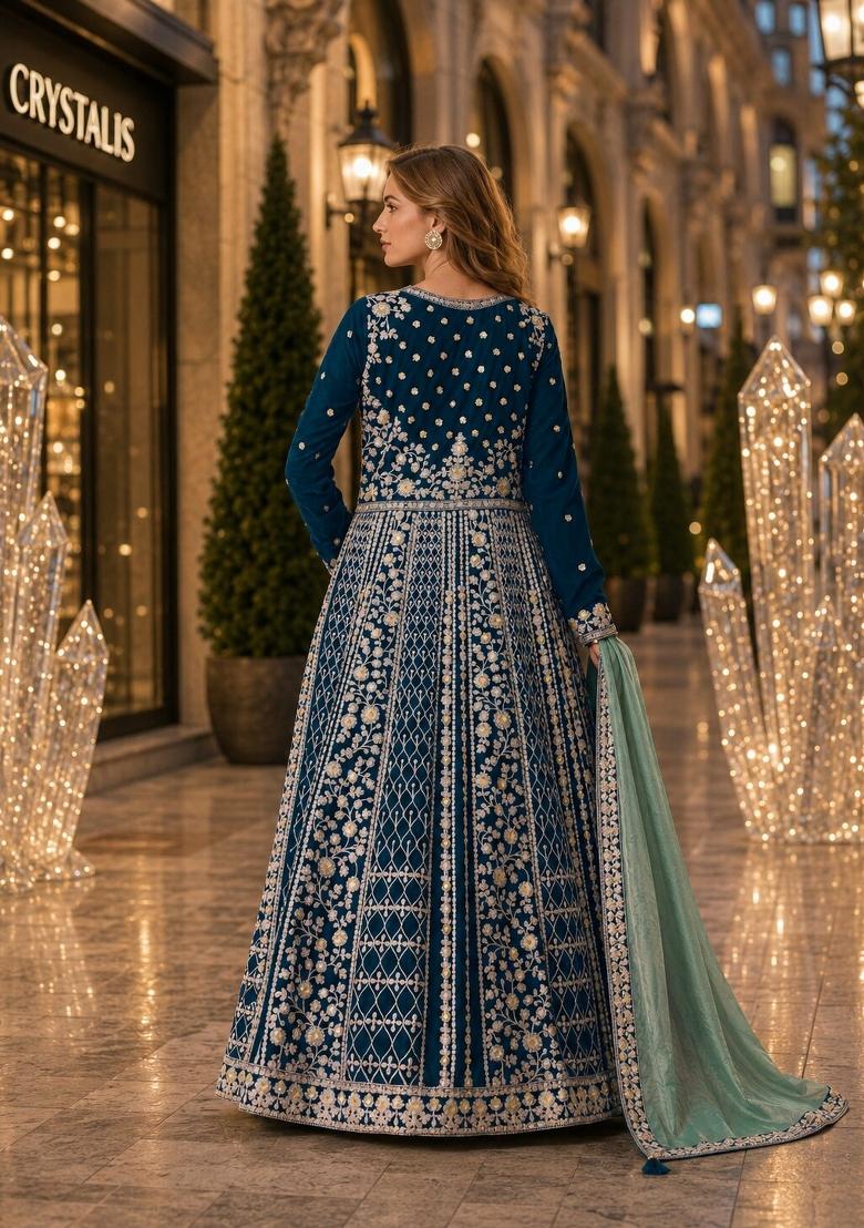 Teal Blue Embroidery Velvet Anarkali Set - Indya
