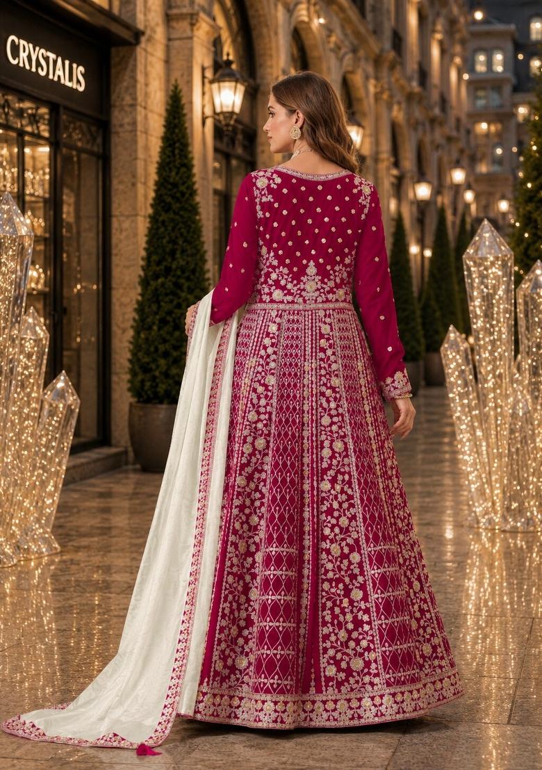 Magenta Embroidery Velvet Anarkali Set - Indya