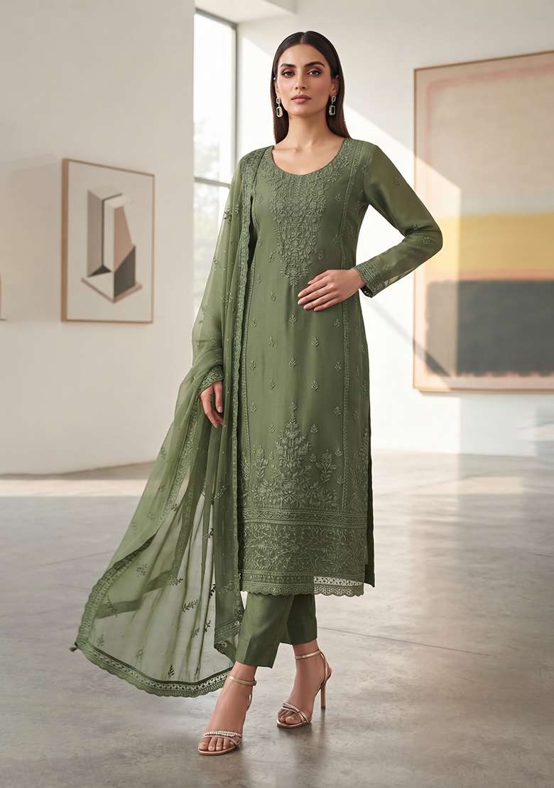 Mehendi Embroidery Organza Kurta Set - Indya