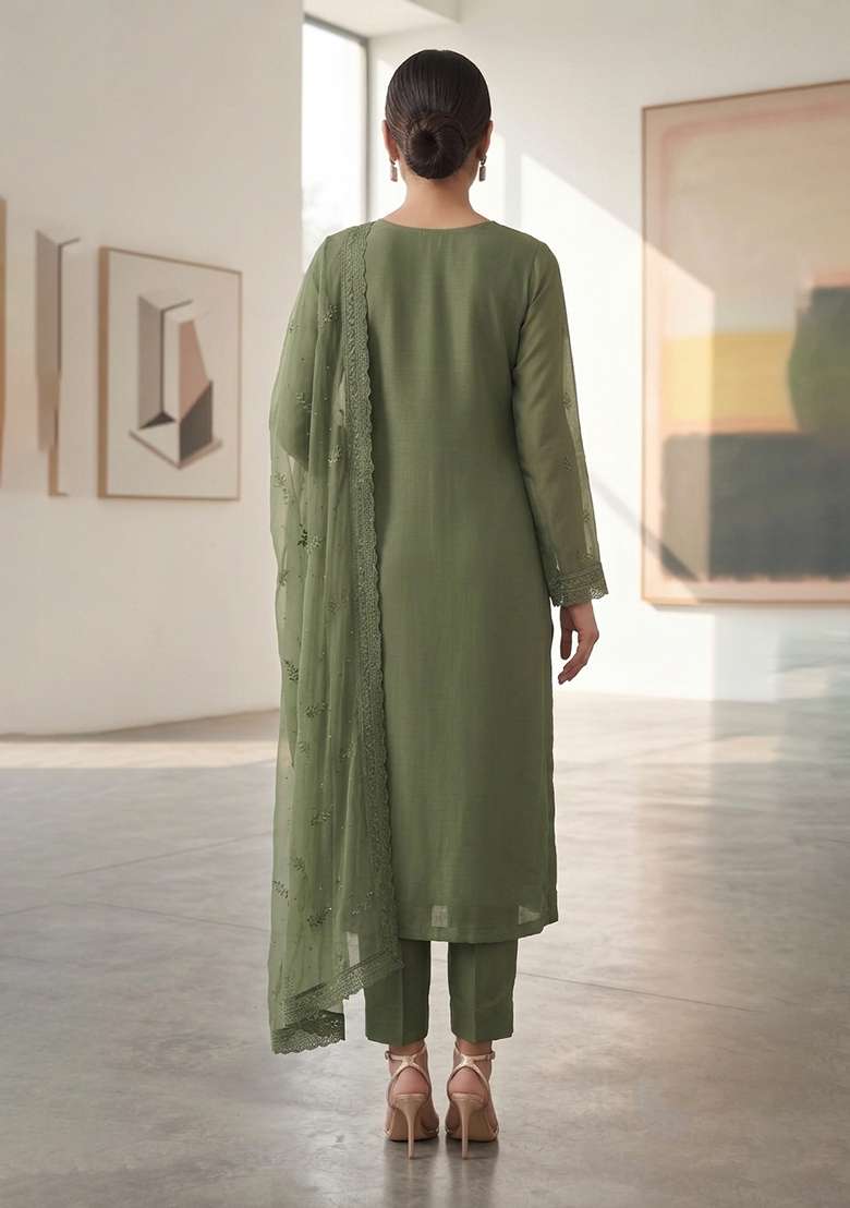 Mehendi Embroidery Organza Kurta Set - Indya