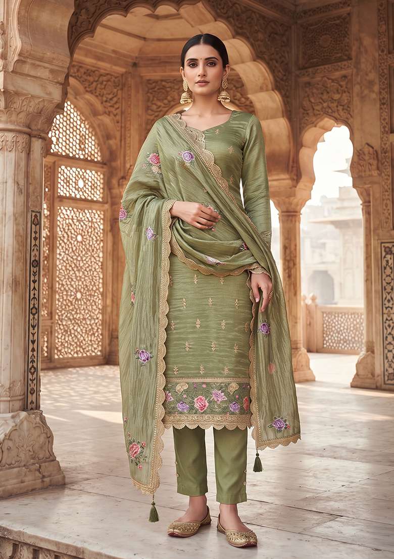 Olive Embroidery Silk Kurta Set - Indya