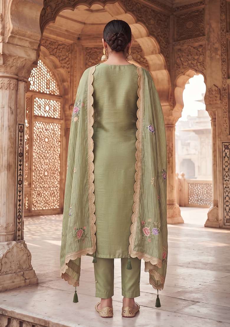 Olive Embroidery Silk Kurta Set - Indya