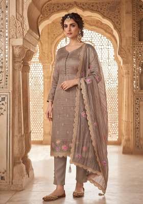 Brown Embroidery Silk Kurta Set