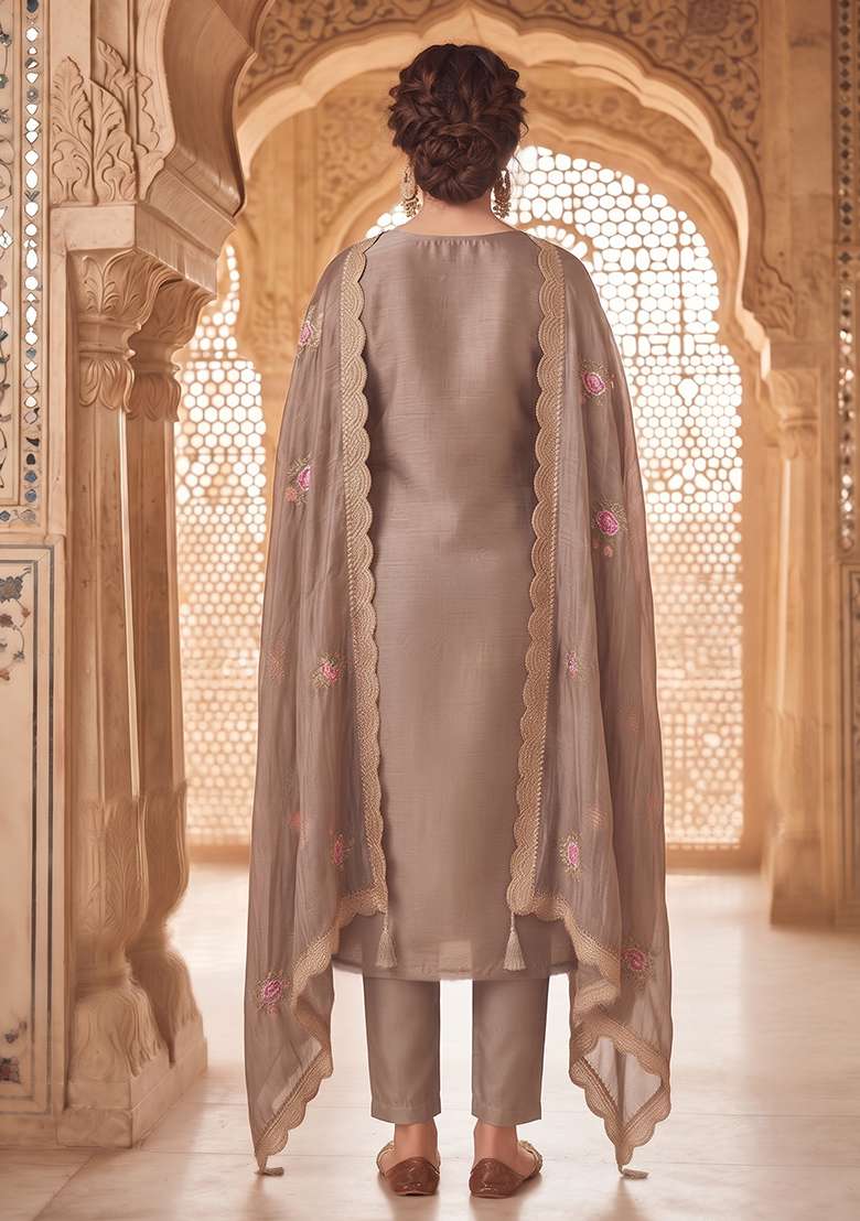 Brown Embroidery Silk Kurta Set - Indya