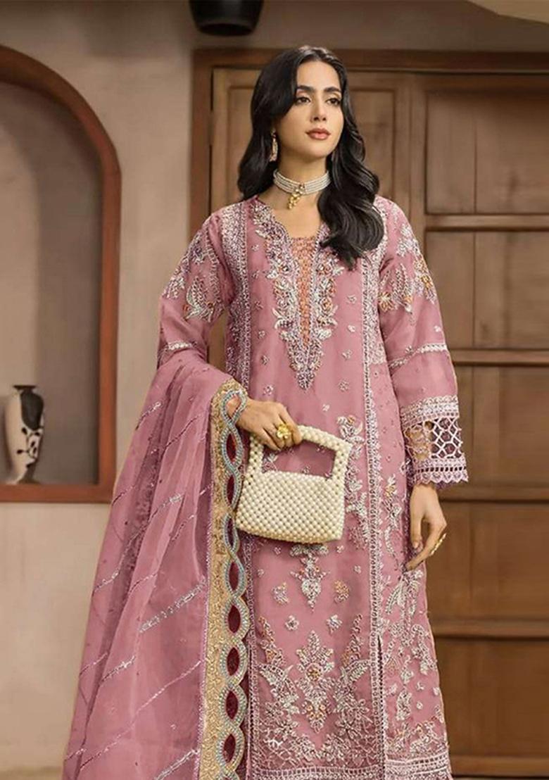 Pink Embroidery Chiffon Kurta Set - Indya