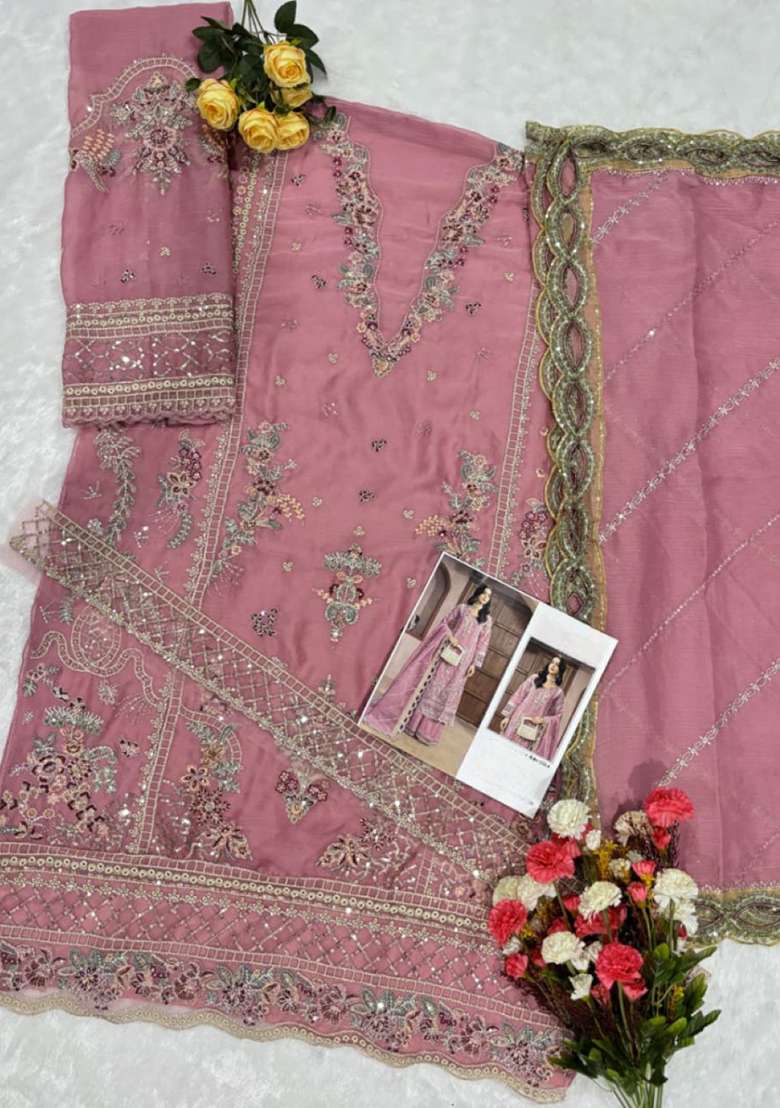 Pink Embroidery Chiffon Kurta Set - Indya