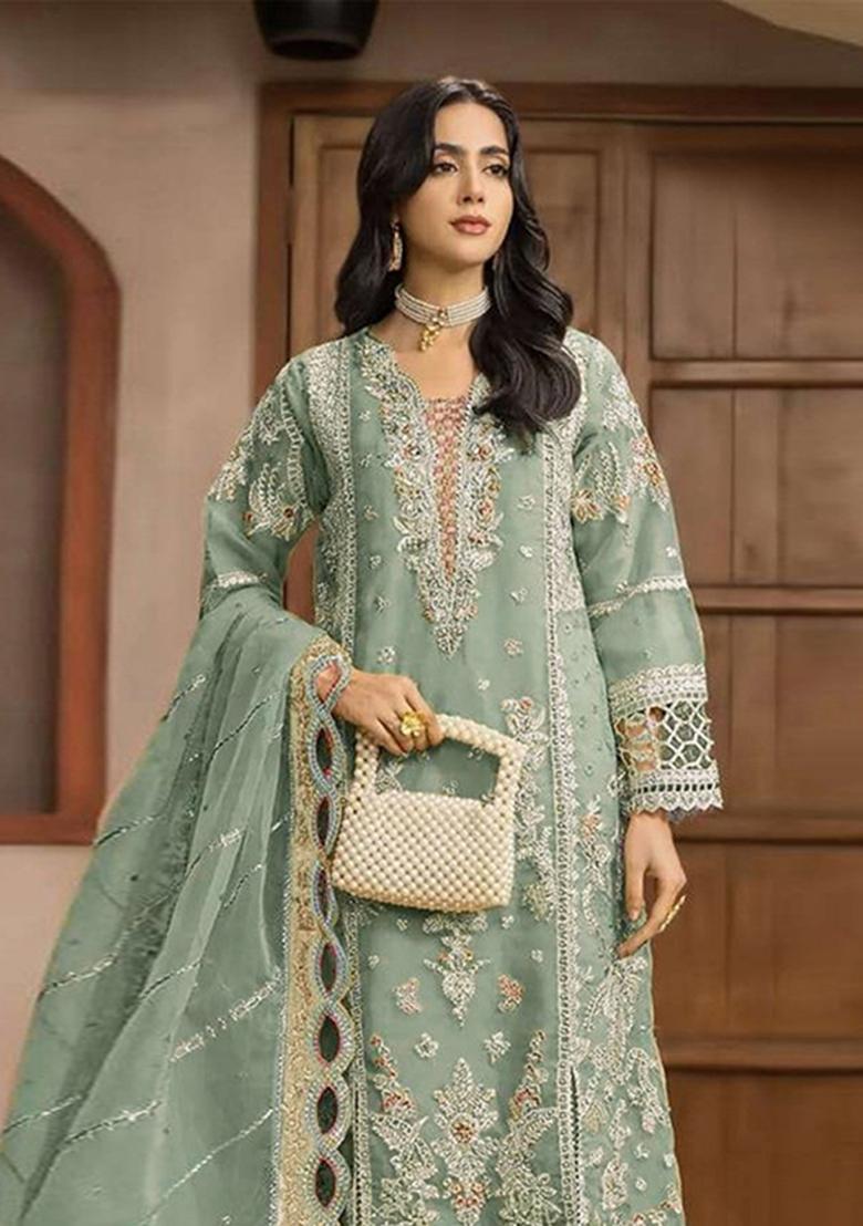 Olive Embroidery Chiffon Kurta Set - Indya