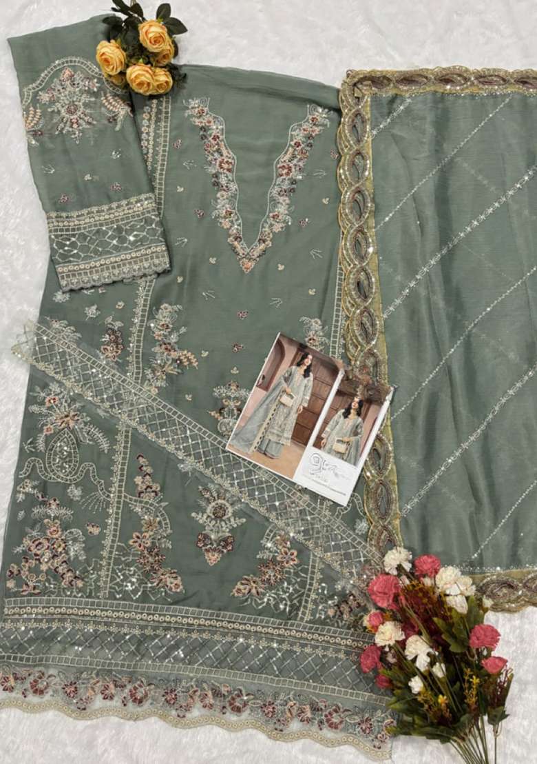 Olive Embroidery Chiffon Kurta Set - Indya