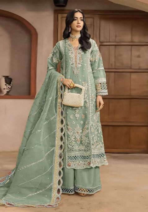 Olive Embroidery Chiffon Kurta Set