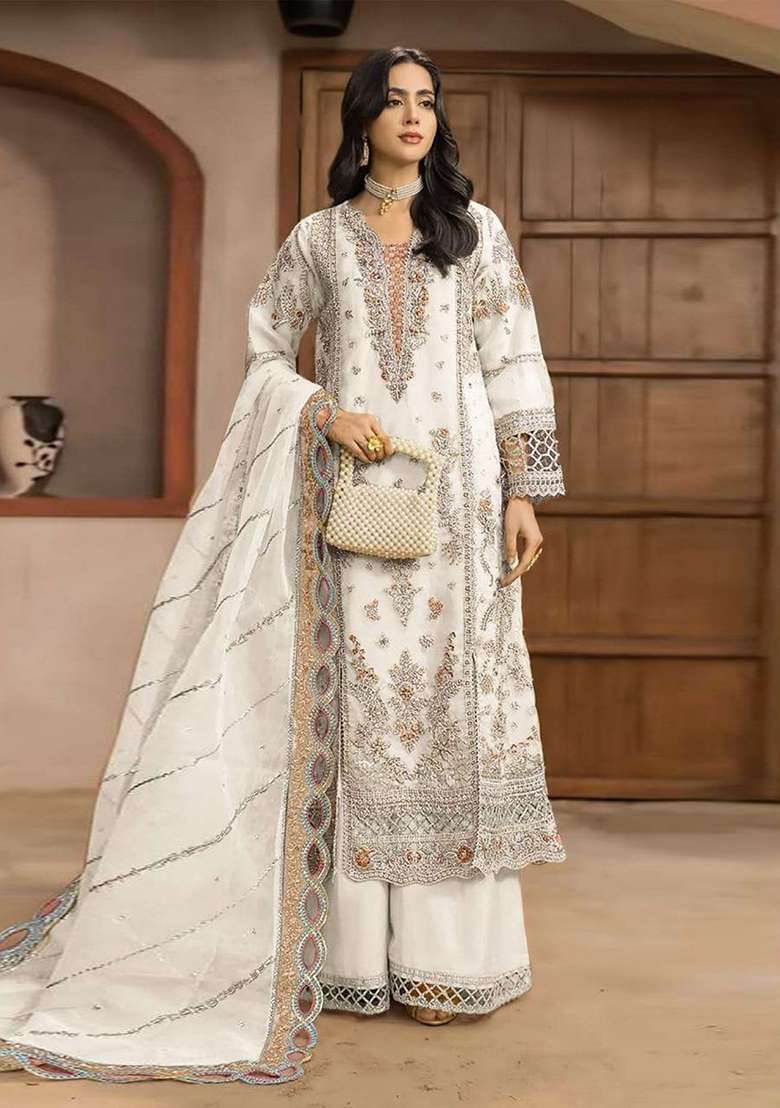 White Embroidery Chiffon Kurta Set - Indya