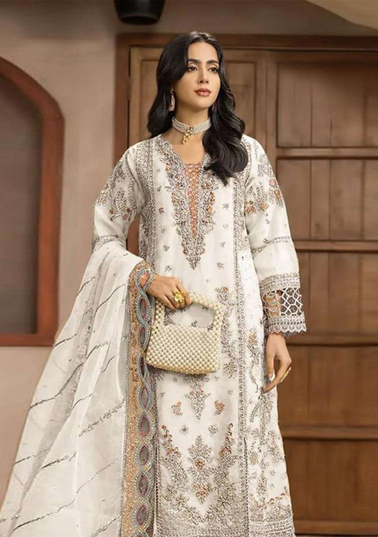 White Embroidery Chiffon Kurta Set - Indya