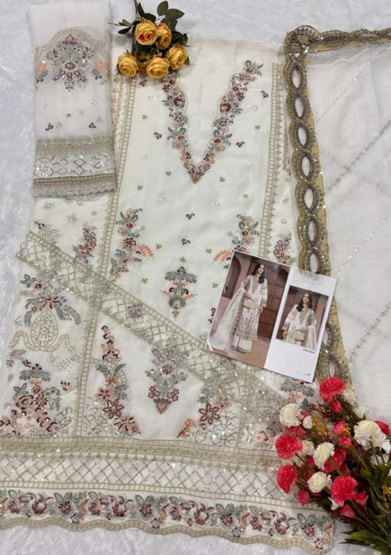 White Embroidery Chiffon Kurta Set - Indya