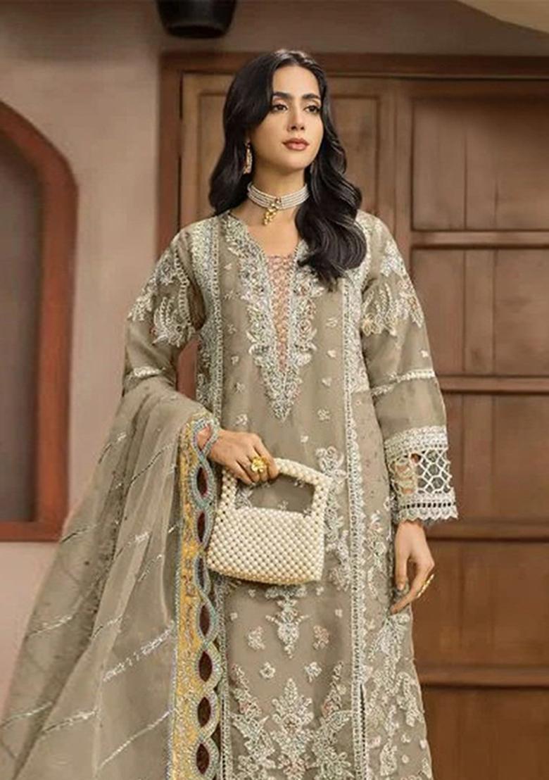 Beige Embroidery Chiffon Kurta Set - Indya