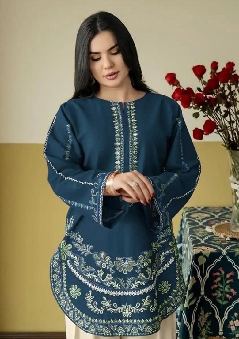 Nevy Blue Embroidery Silk Kurta Set - Indya
