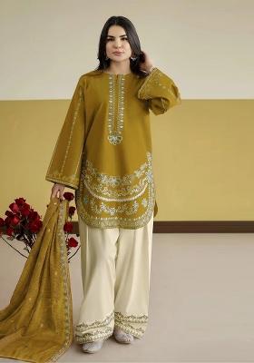 Mustard Embroidery Silk Kurta Set