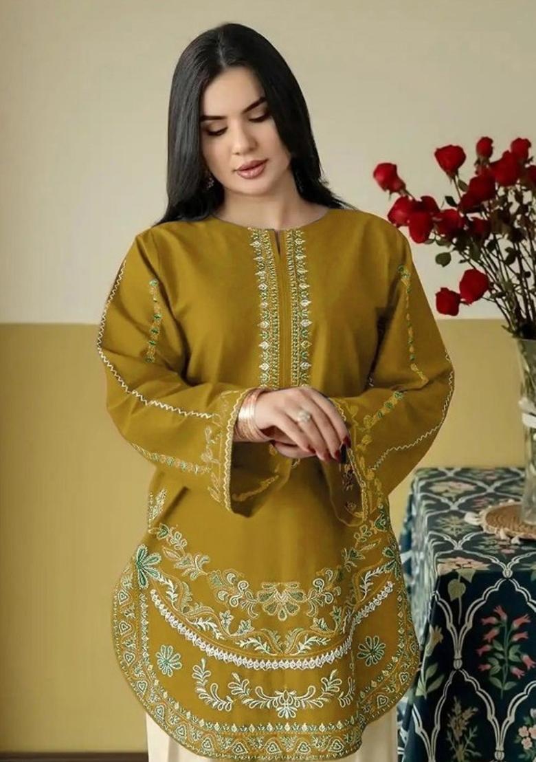 Mustard Embroidery Silk Kurta Set - Indya