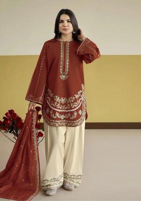 Red Embroidery Silk Kurta Set