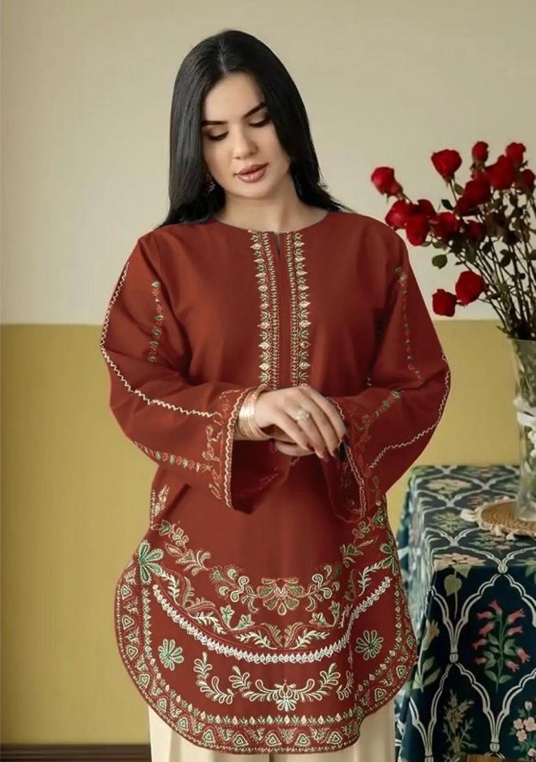Red Embroidery Silk Kurta Set - Indya